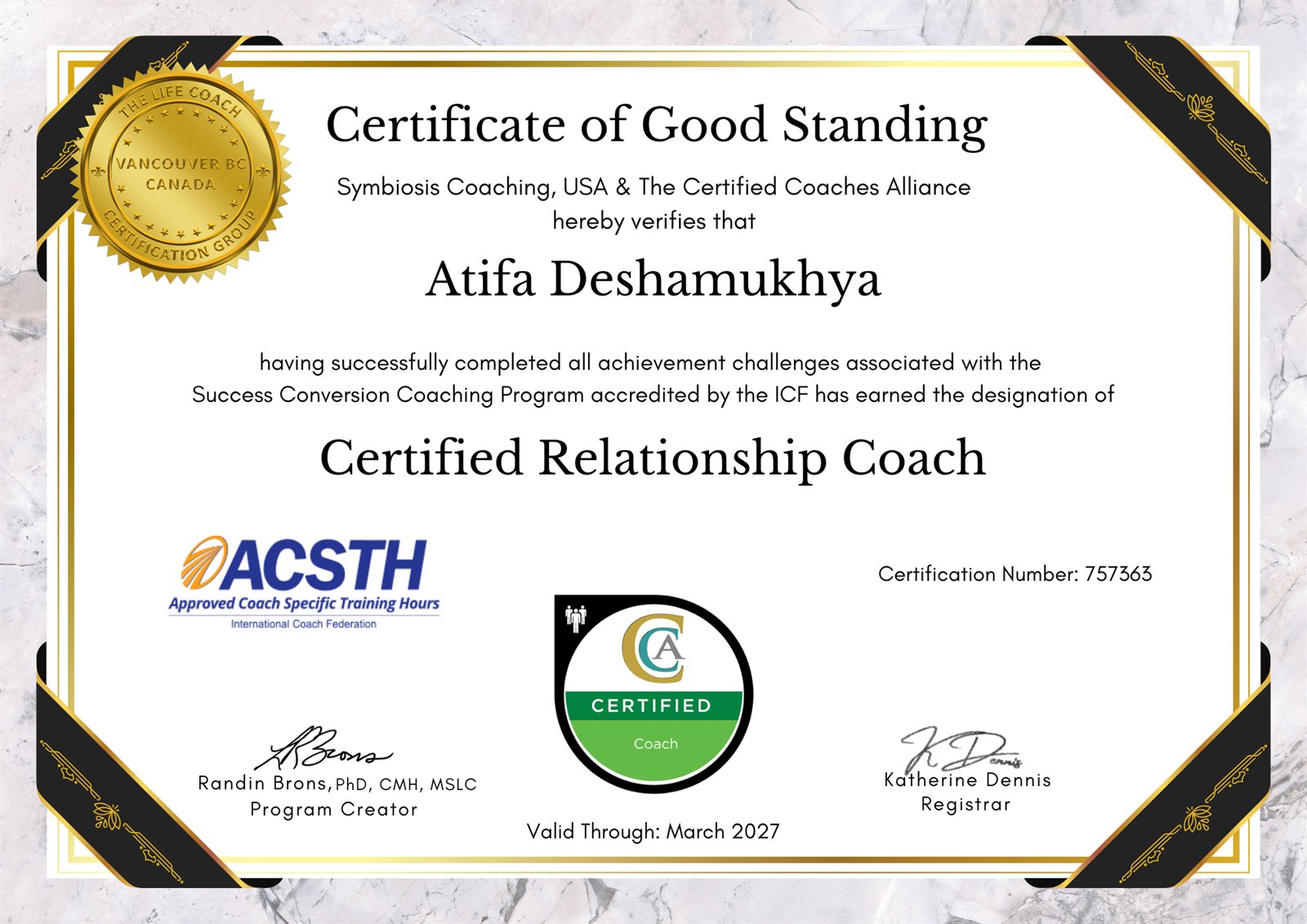 Certificate of Good Standing awarding Atifa Deshamukhya the designation of Certified Relationship Coach.