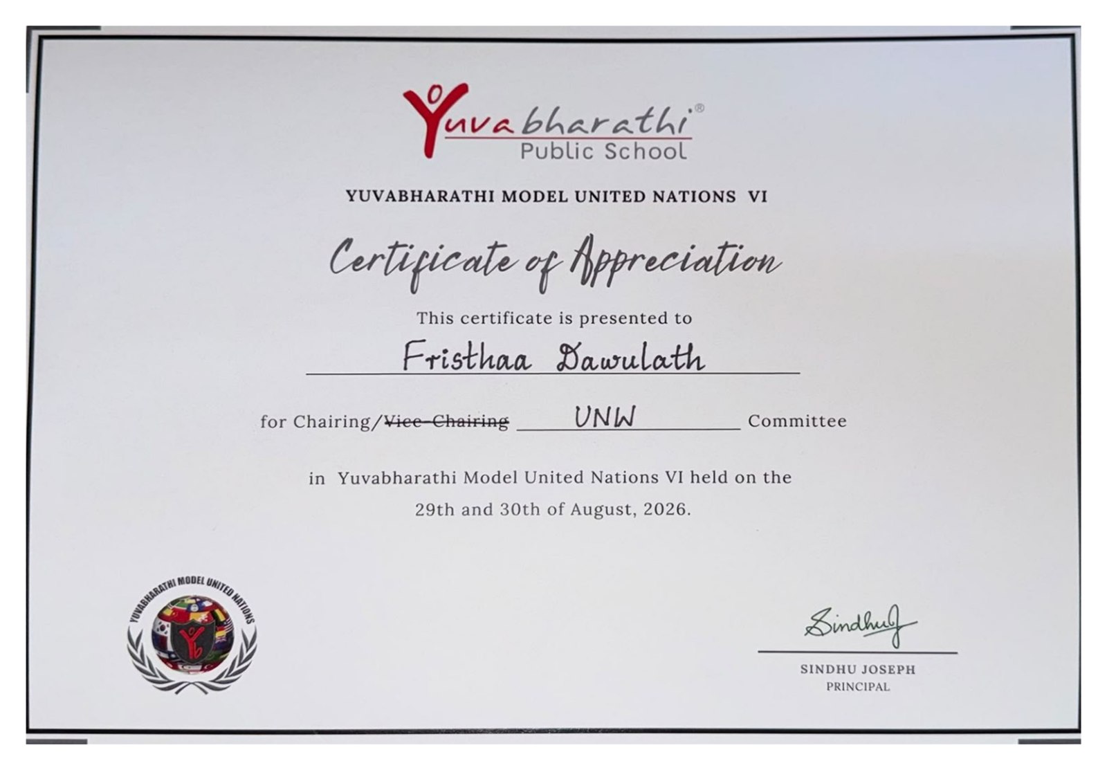 Yuvabharathi Public School Certificate of Appreciation presented to Frishthaa Dawulath for chairing the UNW Committee in Yuvabharathi Model United Nations VI, held on 29 and 30 August 2026.